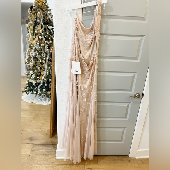 NWT Mac Duggal 9168 One Shoulder Strappy Trumpet Gown Blush - Picture 3 of 6